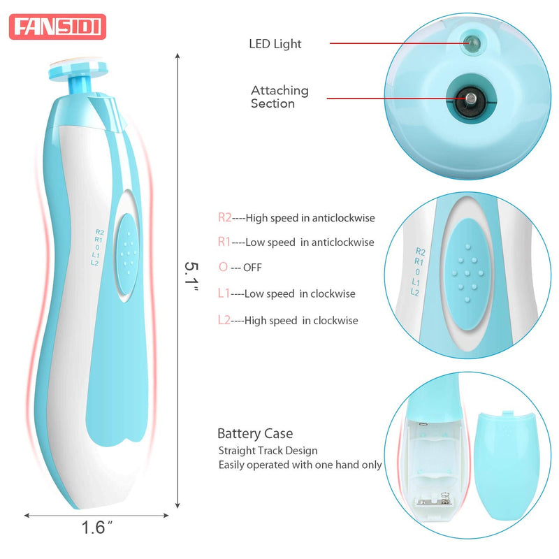 Baby Nail Trimmer, FANSIDI Electric Baby Nail File Safe Clippers with 10 Grinding Pads 8 Sandpapers LED Light, Trim Polish Grooming Kit for Newborn Infant Toddler or Adults Toes Fingernails Care, Blue - NewNest Australia