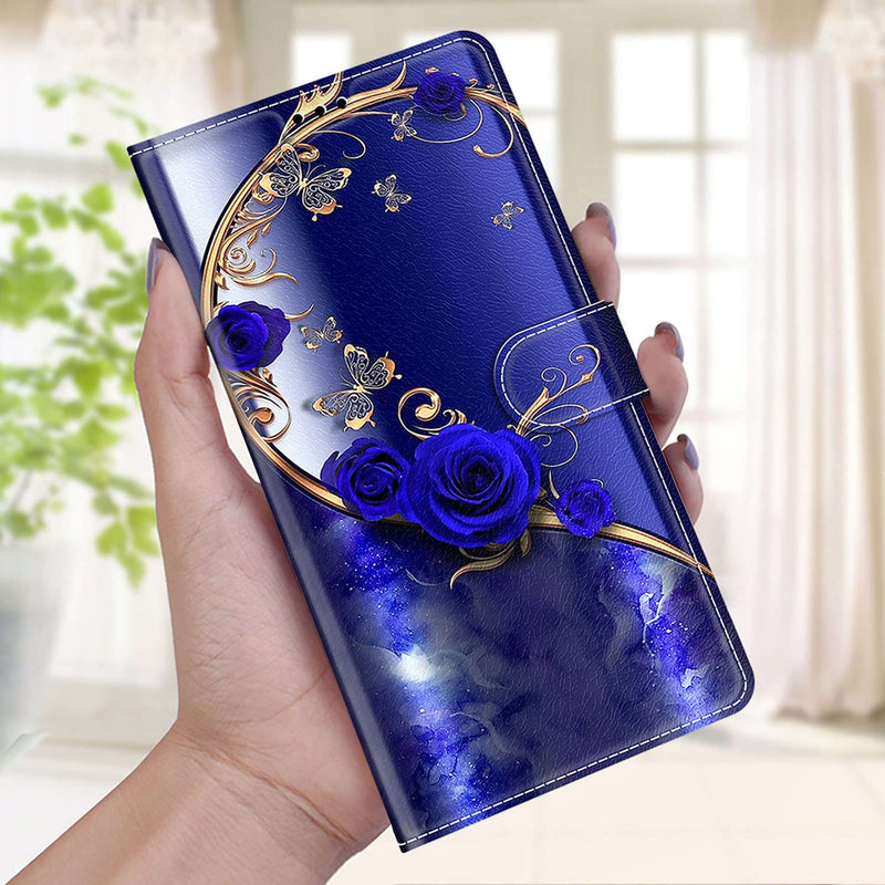 Everainy Compatible With Honor 90 Case Silicone Leather Flip Case Cover Wallet Card Slot Kickstand Pattern Motif Foldable Magnetic Cases Bumper Mobile Phone Case (Blue Rose) - NewNest Australia