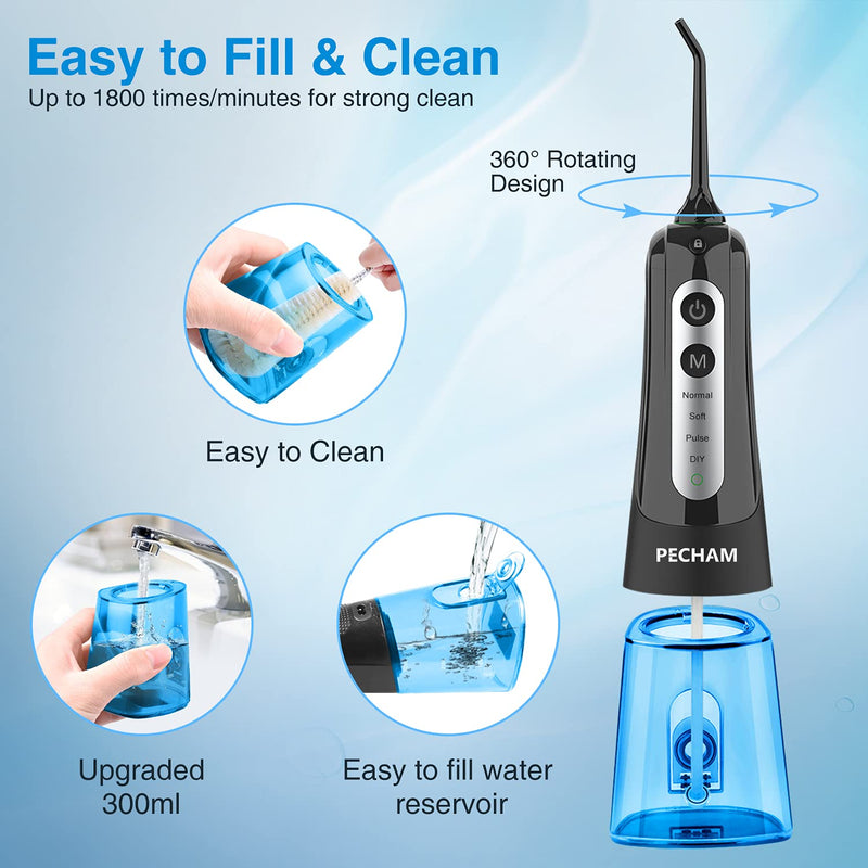 Upgraded Cordless Water Flosser for Teeth, PECHAM Portable Oral Irrigator IPX7 Waterproof 300ML DIY & 3 Modes 4 Jet Tips and Tongue Cleaner Help Deep Clean Oral, USB Rechargeable for Home Travel Blue - NewNest Australia
