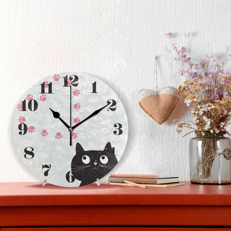 NewNest Australia - senya Wall Clock Silent Non Ticking, Round Cat and Paw Print Art Clock for Home Bedroom Office Easy to Read Pattern 1 