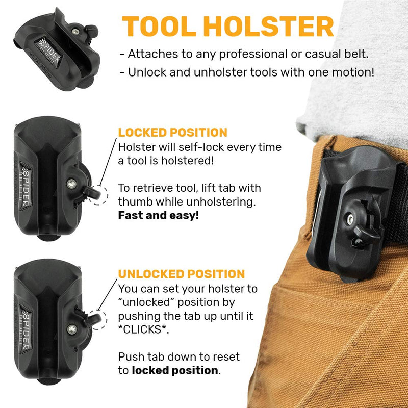 Spider Tool Holster - DUAL Tool KIT - 5 Piece Set for carrying your power drill, driver, multi-tool, pneumatic, multi-tool and other hand tools on your belt! Dual Tool Kit - 5 Pieces - NewNest Australia