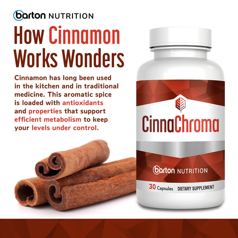 Barton Nutrition CinnaChroma Cinnamon Capsules - Cinnamon Extract Supplement with Chromium Picolinate and Vanadium - 30 Capsules - with VIT D3 and K2 to Support Metabolism and Cardiovascular Health - NewNest Australia