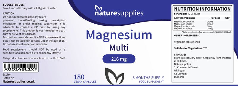 Naturesupplies Magnesium Multi Capsules 180 Pack Made in UK, High Absorption 4 Magnesium Powders in One Capsule, Citrate, Malate, Ascorbate & Bis-Glycinate - NewNest Australia