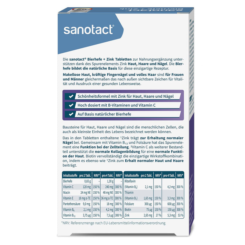 Sanotact Brewer'S Yeast + Zinc, 8 X 60 Tablets, Skin Hair, Nails, Vegan, Hair Vitamins With Brewer'S Yeast, Zinc, Biotin, B12, B6, Highly Effective Intensive Beauty Formula - NewNest Australia