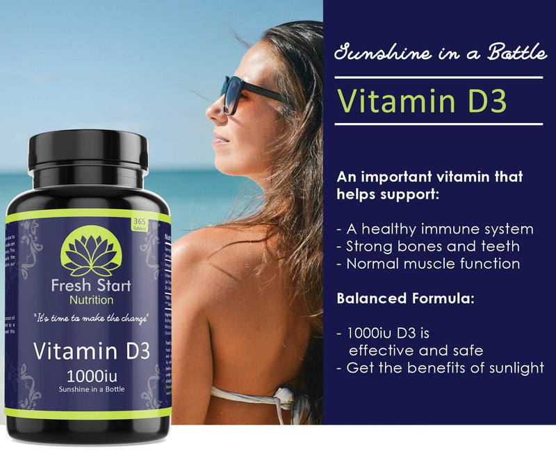 Vitamin D3 1000iu Tablets | 365 (1 Year Supply) Vegetarian Vitamin D Supplement Tiny Easy to Swallow Pills | VIT D as Cholecalciferol | Fresh Start Nutrition - NewNest Australia