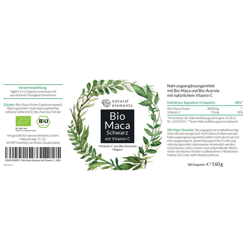 Organic Maca Capsules Black, 3000 mg Organic Maca per Daily Dose, 180 Capsules, With Natural Vitamin C, No Magnesium Stearate, Certified Organic, High Dosage, Vegan and Produced in Germany - NewNest Australia