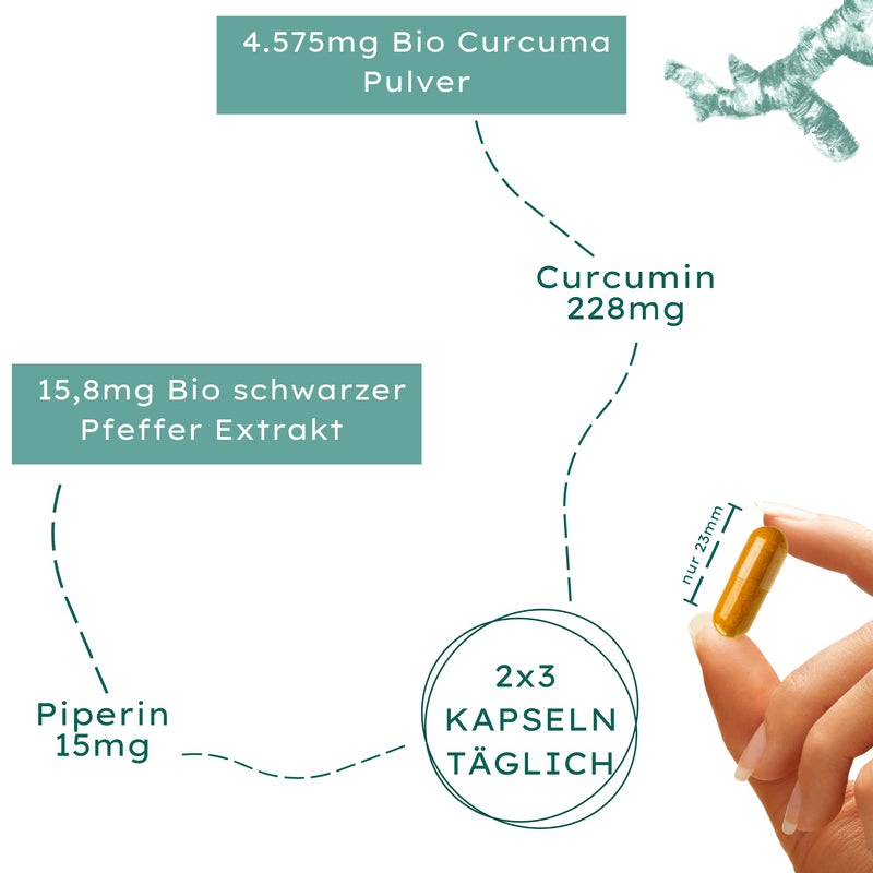 Nature Basics Organic Curcuma Capsules With Black Pepper | Certified & Sustainable In A Glass | Organic Turmeric Capsules 4575Mg / 228Mg Curcumin & 15Mg Piperine | Vegan, Laboratory Tested, From De & Co2 Neutral - NewNest Australia