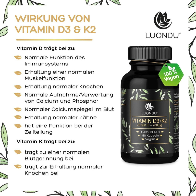 Luondu Vitamin D3, 20,000 Iu + Vitamin K2 Mk7, 200 Mcg Depot (180 Capsules High Dose And Vegan) Vitamin D3 K2 Capsules, High Dosage, One Capsule Every 20 Days, No Additives, Made In Germany - NewNest Australia