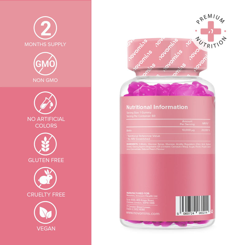 Biotin Gummies - 10,000 mcg -2 Month Supply - Hair Vitamins –- Vegan - Chewable Hair Vitamins – Anti Hair Loss and Thinning Supplement – Hair Gummies for Hair Growth - Made by Novomins - NewNest Australia