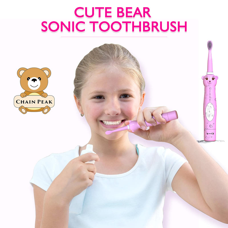 CHAIN PEAK Kids Sonic Electric Toothbrush, Cute Bear Rechargeable Toothbrush for Children, Boys Girls Age 3-12 with 30s Reminder, 2 Min Timer, 5 Modes, 8 Brush Heads, Bear Toothbrush Pink+8 Heads - NewNest Australia