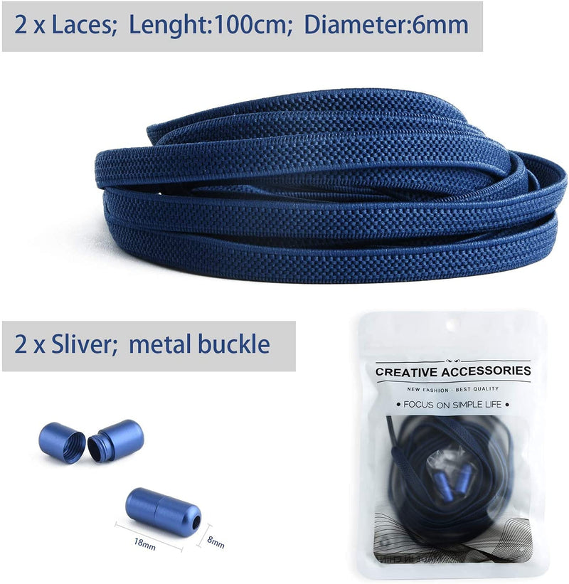 No Tie Elastic Shoelaces - Flat Stretch Shoe Laces with Metal Buckles, Elastic Shoelaces Replacement for Sneakers Kids / Adults Adjustable Laces, Rubber Tieless Laces Elastic for All Shoes 100 Navy - NewNest Australia
