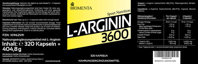 BIOMENTA L-Arginine 3600 - 320 arginine capsules high dosage with 913 mg amino acid/capsule - storage pack - premium quality - NewNest Australia