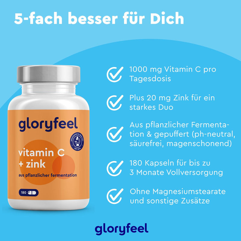 gloryfeel vitamin C and zinc tablets - 1,000 mg vitamin C from calcium L-ascorbate + 20 mg zinc citrate - 180 capsules - best combination for the immune system and protection against stress * - vegan immune complex - NewNest Australia