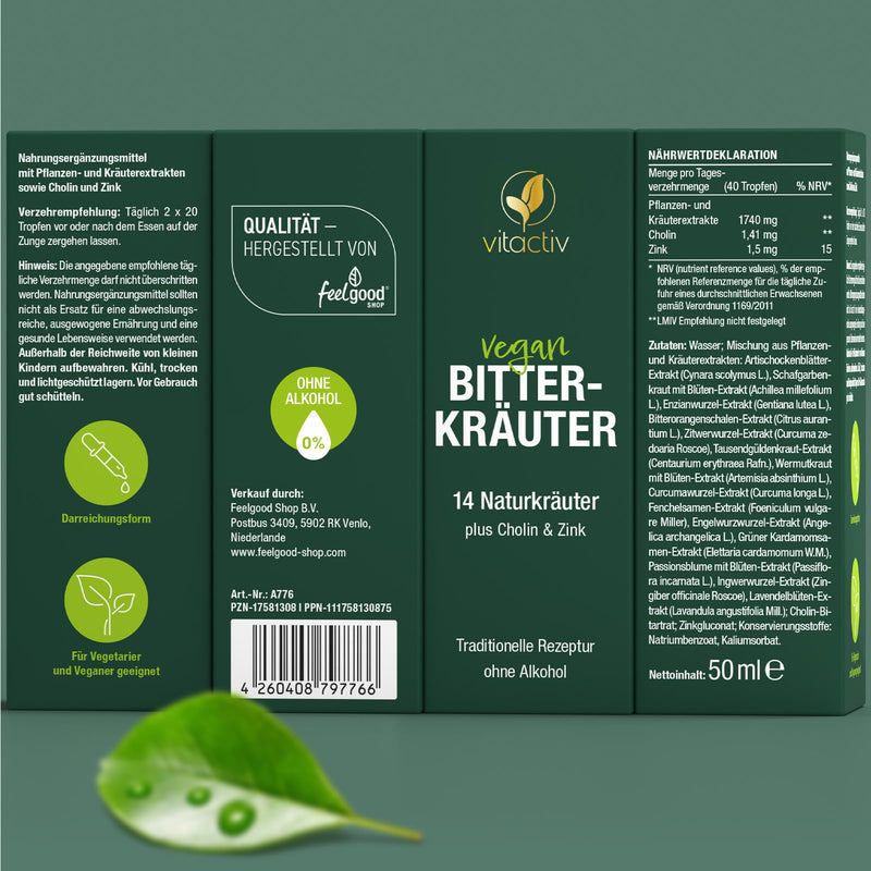 VITACTIV bitter herbs - bitter drops without alcohol - select herbs plus choline & zinc - bitter substances drops according to Hildegard von Bingen - without artificial additives, sugar-free, vegan - 50ml - NewNest Australia