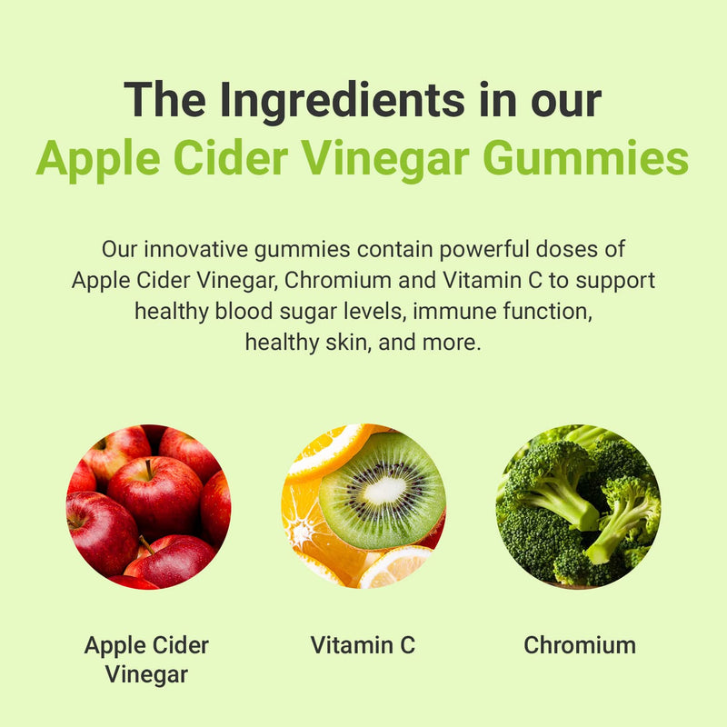 Hey Nutrition Apple Cider Vinegar Gummies Supplement - Vitamin C & Chromium - Support Skin Health, Metabolic Function & Immune Health - Vegan, Non-GMO, No Artificial Flavours - 60 Gummies - NewNest Australia