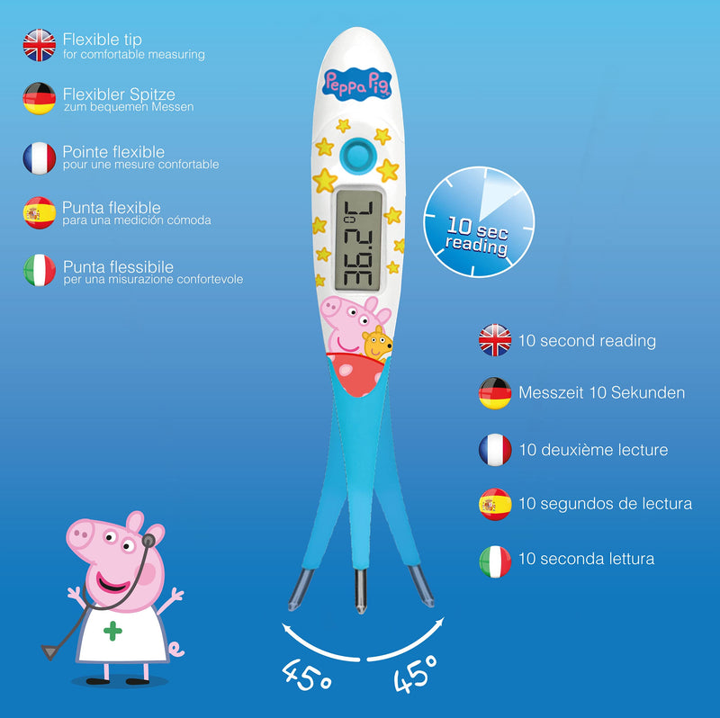 Peppa Pig Digital Thermometer | Oral, Underarm use| Large LCD | 10 Second Reading | Fever Alarm | Flexible Tip | Last Temperature Recall | CE Certified | Calms Kids | Made by Jellyworks Peppa Pig - NewNest Australia