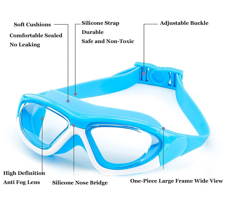 June Sports Swim Goggles for Kids (3-15 Year Old), Waterproof Swimming Google Large Frame UVA/UVB Teens Boys Girls SG28 Light Blue - NewNest Australia