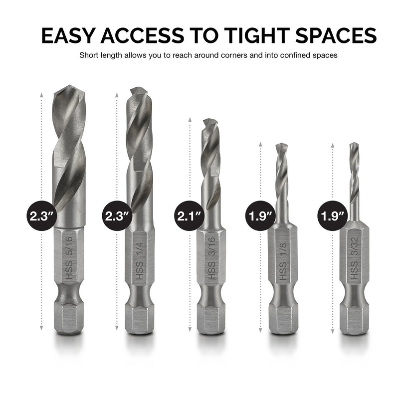 NEIKO 11402A Stubby Drill Bit Set for Metal, 5 Piece | 1/4 Inch Quick Change Hex Shank | M2 HSS Steel M2 HSS Metal - NewNest Australia