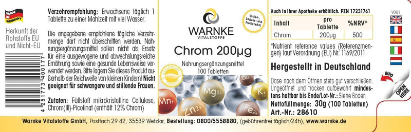Chromium 200µg - 100 tablets of chromium picolinate for 200 days - German pharmacy quality - dietary supplement - high dosage - vegan | Warnke vital substances - NewNest Australia