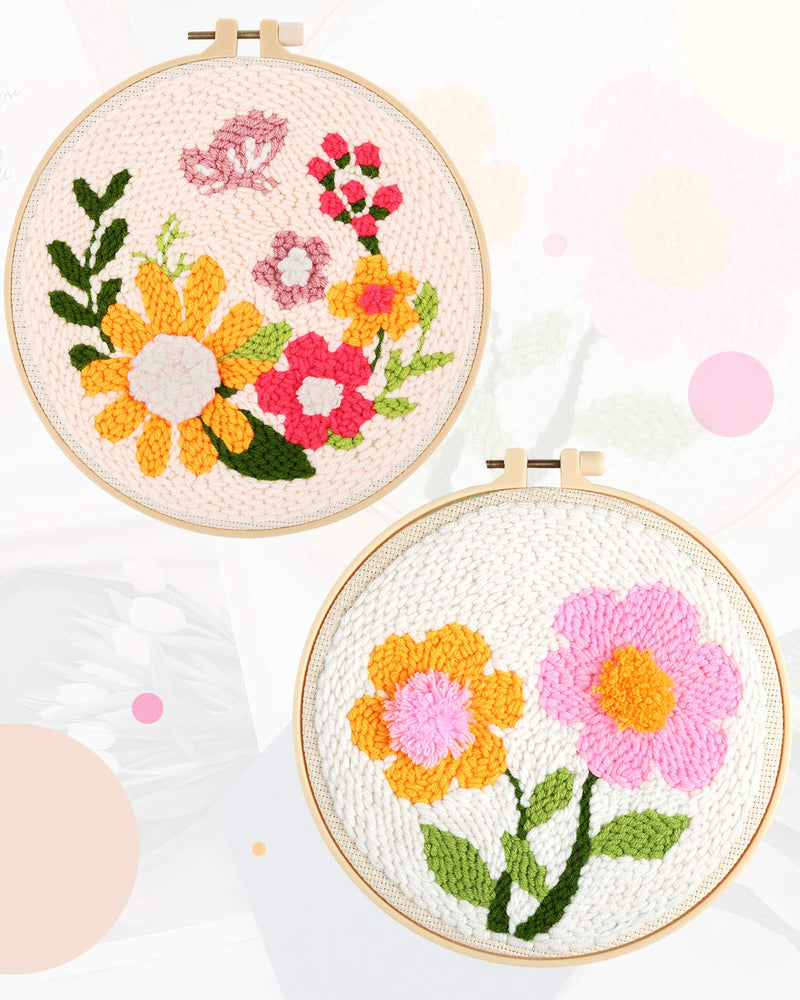 Pllieay 2 Set Punch Needle Embroidery Starter Kits Include Instructions, Punch Needle Fabric with Pattern, Yarns, Embroidery Hoops for Rug-Punch & Pinch Needle Flowers - NewNest Australia