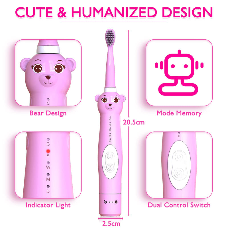 CHAIN PEAK Kids Sonic Electric Toothbrush, Cute Bear Rechargeable Toothbrush for Children, Boys Girls Age 3-12 with 30s Reminder, 2 Min Timer, 5 Modes, 8 Brush Heads, Bear Toothbrush Pink+8 Heads - NewNest Australia