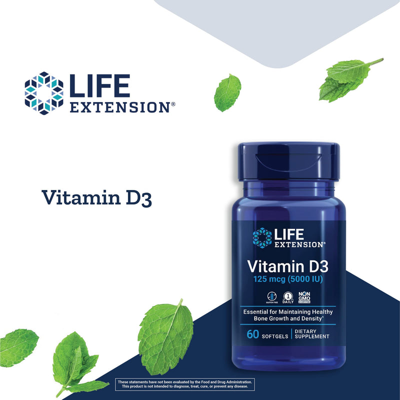Life Extension Vitamin D3 125mcg (5000 IU) – Supports Bone & Immune Health, Anti-Aging & Longevity Supplements– Non-GMO, Gluten-Free, Once Daily – 60 Softgels 60 Count (Pack of 1) Standard Packaging - NewNest Australia