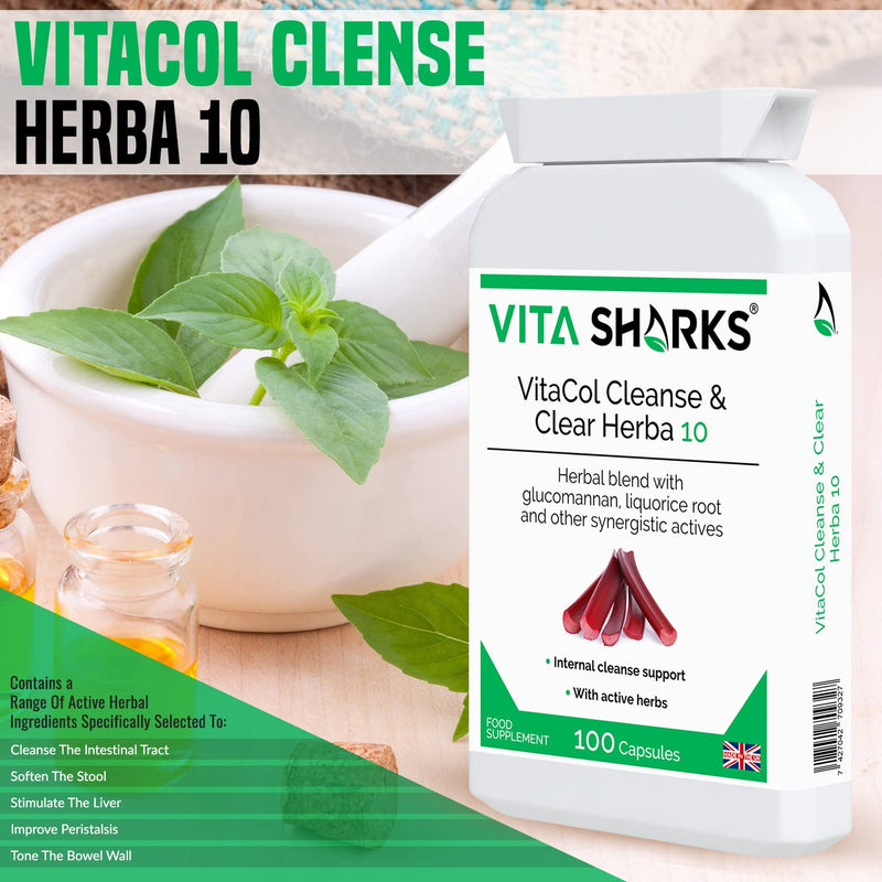 VitaCol Cleanse & Clear Herba 10 | Natural Stool Softening Vegan Colon Detoxifying & Bowel Cleansing Formula. 10 Kosher, Herbal Ingredients for Faecal Regularity & Relieve Constipation - NewNest Australia