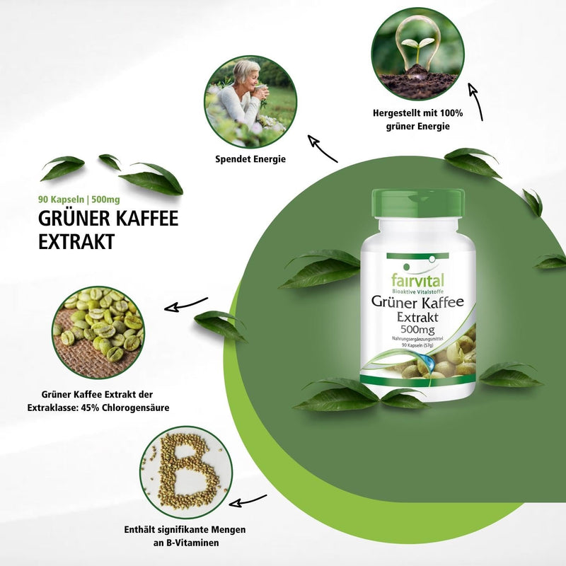 Fairvital | Green coffee extract 500mg - HIGH DOSE - standardized to 45% chlorogenic acid - VEGAN - 90 capsules - NewNest Australia