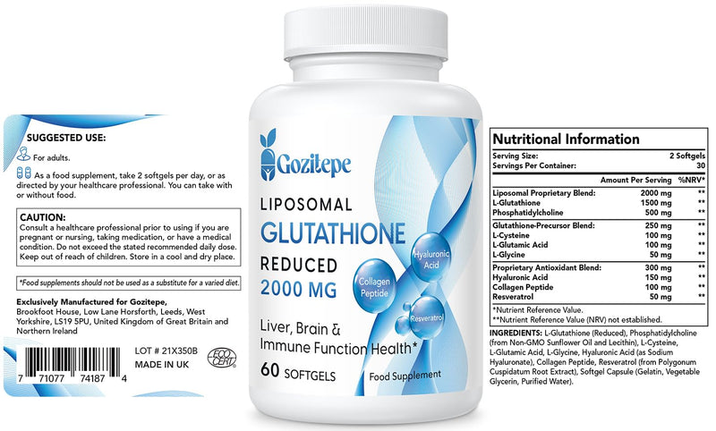 Liposomal Glutathione Reduces 2000 Mg Per Serving, Glutathione Supplement With Hyaluronic Acid + Collagen Peptide + Resveratrol For Powerful Antioxidants, 10X Better Absorption - NewNest Australia