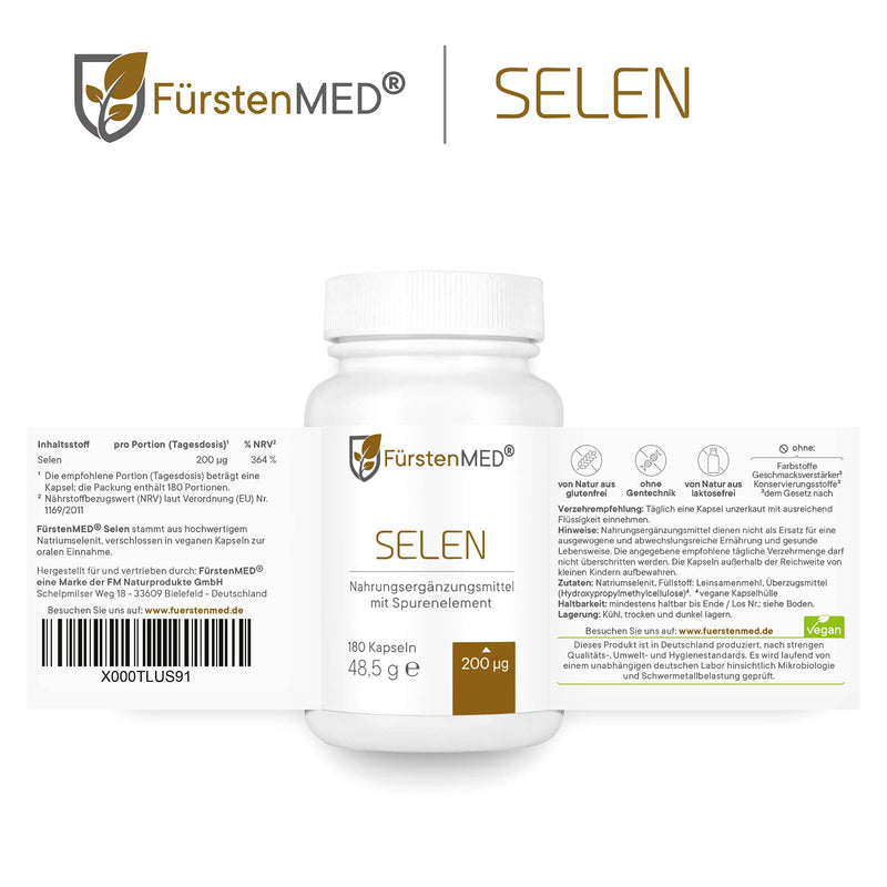 FürstenMED® selenium capsules - selenium 200µg - selenium high dose made from sodium selenite for optimal bioavailability - 180 vegan selenium capsules, without additives - NewNest Australia