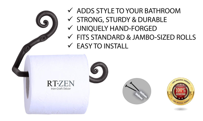 RTZEN Wrought Iron Swirl Toilet Paper Roll Holder | Rot Handmade Mounted TP Hanger Décor | Black Forged Modern Retro Handcrafted Rod Metal | Wall Mount Easy Installation - NewNest Australia