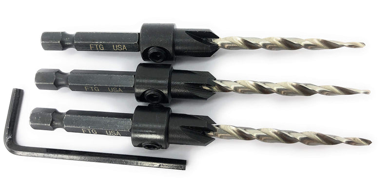 FTG USA 3 Pcs Same Size #8 (11/64") Adjustable Wood Countersink Drill Bit Set with Woodworking Tapered HSS Bits and Hex Wrench (1/8" Allen Key) - NewNest Australia