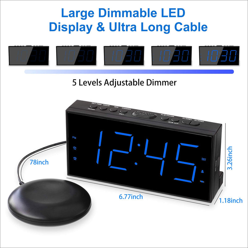Loud Alarm Clock for Heavy Sleepers,Vibrating Alarm Clock for Hearing Impaired Deaf,Annoying Alarm Clock,USB Port,Dual Alarm with Snooze,7" Large Dimmable LED Display,Battery Backup,Easy to Use,DST Blue - NewNest Australia