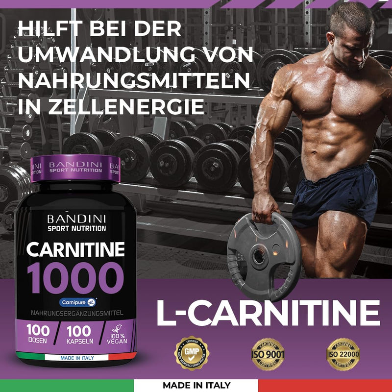 Bandini® L-CARNITIN 1000 | Premium: Carnipure® - L Carnitine Tartrate | 100 tablets | Metabolism & muscle building | Highly dosed, 100% vegan, no additives, laboratory tested - NewNest Australia