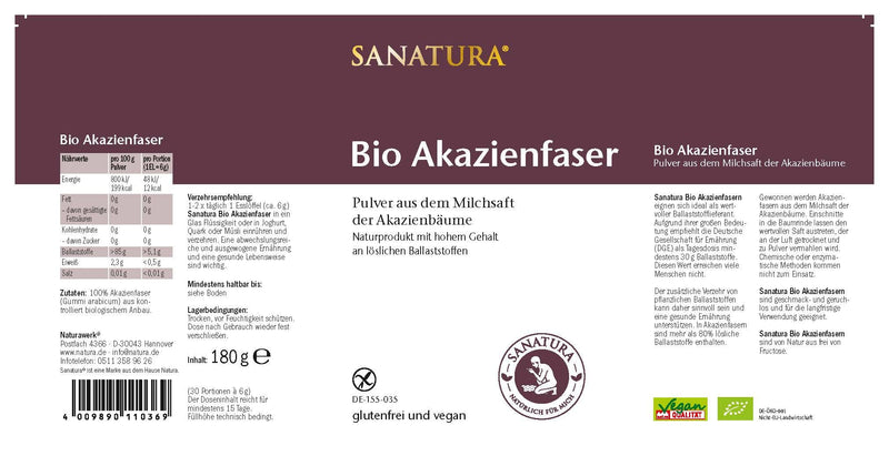 Sanatura acacia fiber powder organic - 180 g - valuable source of fiber from acacia fibers - soluble fiber - vegan, gluten-free and fructose-free - well tolerated - NewNest Australia
