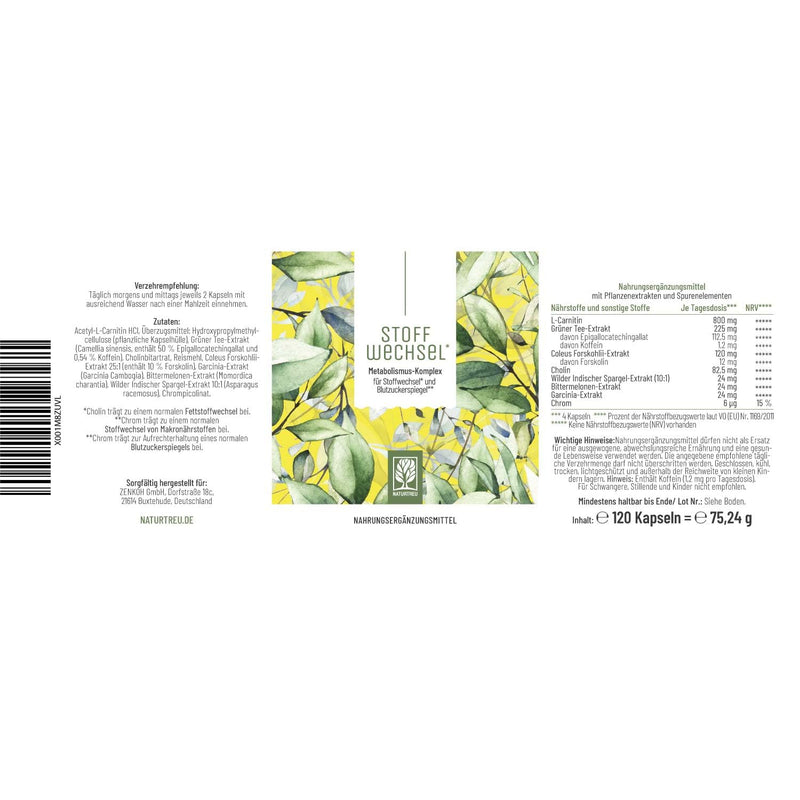 Metabolism Capsules Diet Support - High Dose With Green Tea, Forskohlii, Choline, Asparagus, Bitter Melon, Garcinia Cambogia, & Chromium - 120 Metabolism Capsules Vegan Naturtreu - NewNest Australia