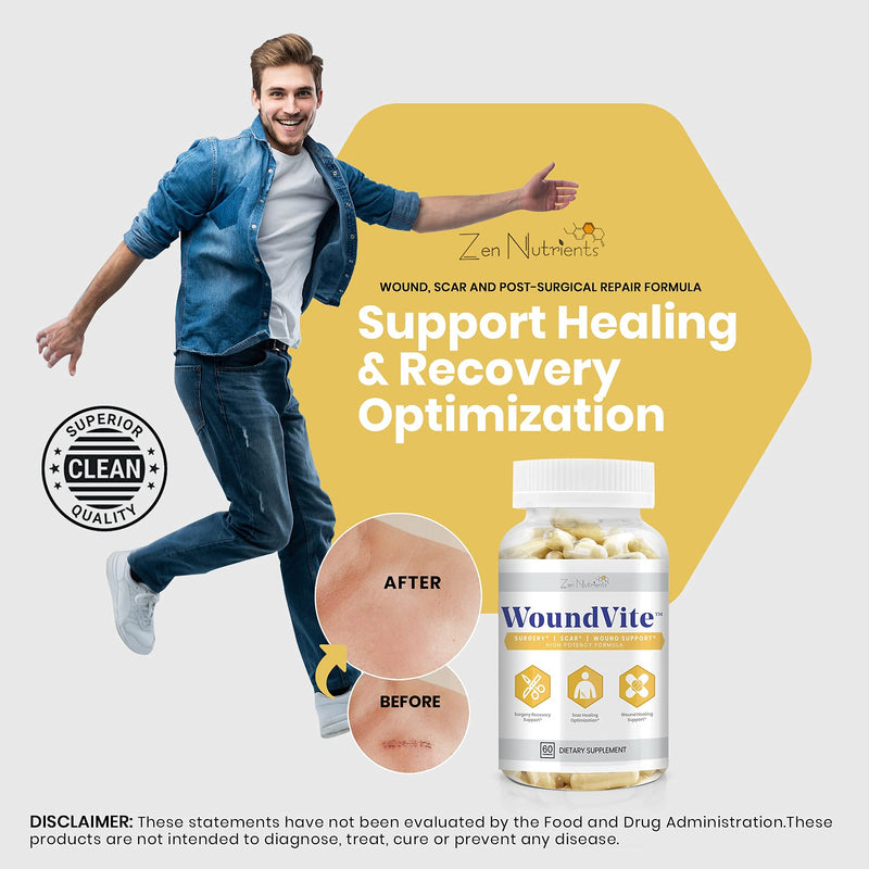 Zen Nutrients WoundVite Comprehensive Post Op Wound Care, Scar Reduction, Scar Treatment, Plastic & General Surgery, Heal Faster & Aids in Recovery Time w/ Bromelain, Turmeric & Arnica - 60 Vegan Caps - NewNest Australia