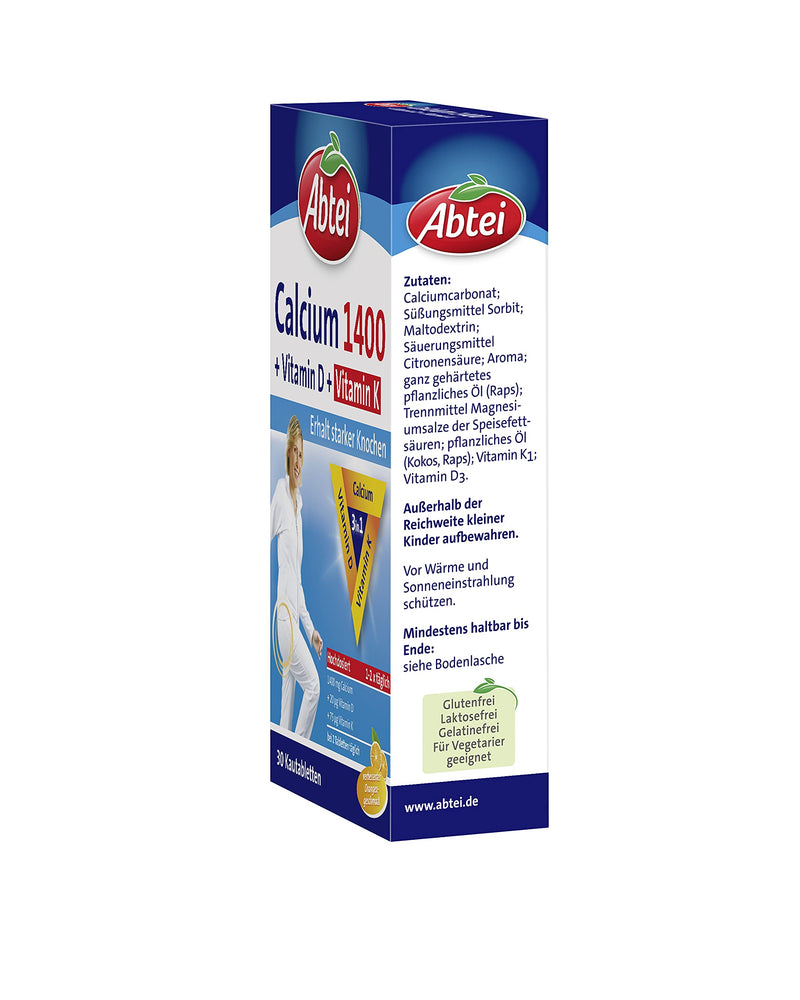 Abtei Calcium 1400 + D + K - High Dose - With Vitamin D And Vitamin K - For Maintaining Healthy Bones And Muscle Function - Orange Flavor, 30 Chewable Tablets - NewNest Australia