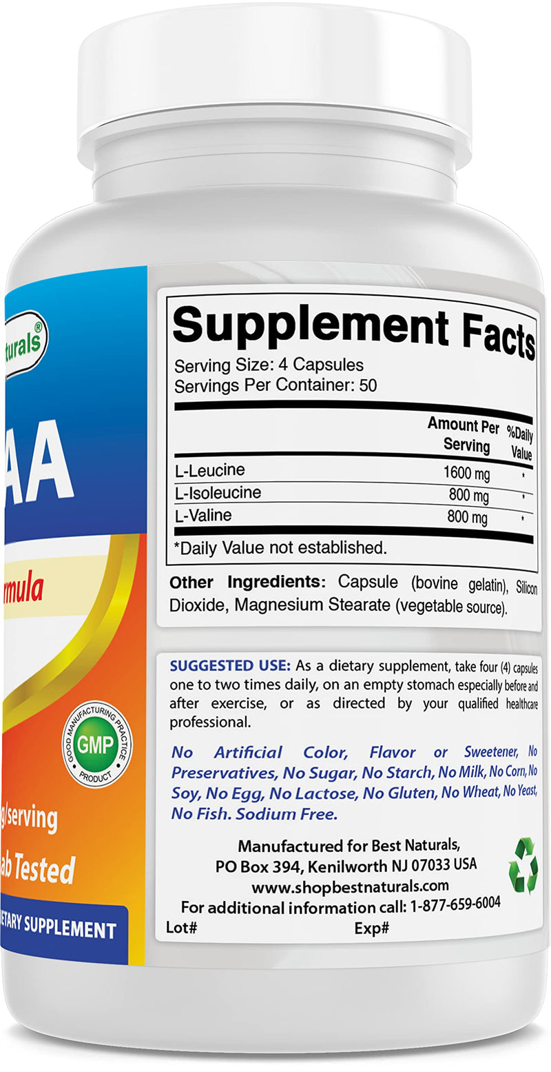 Best Naturals BCAA Branch Chain Amino Acid, 3200mg per Serving, 200 Capsules - Pharmaceutical Grade - 100% Pure Instantized Formula | Pre/Post Workout Bodybuilding Supplement | Boost Muscle Growth - NewNest Australia