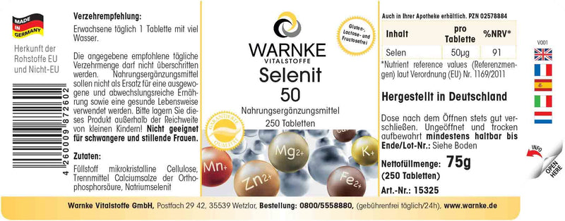 Selenium tablets - 50µg selenium per tablet - vegan - made from sodium selenite - yeast-free - 250 tablets - large pack | Warnke vital substances - NewNest Australia
