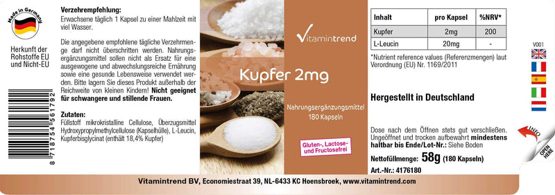 Copper capsules - 2mg - high dosage - vegan - 180 capsules - for hair pigmentation | Vitamintrend® - NewNest Australia