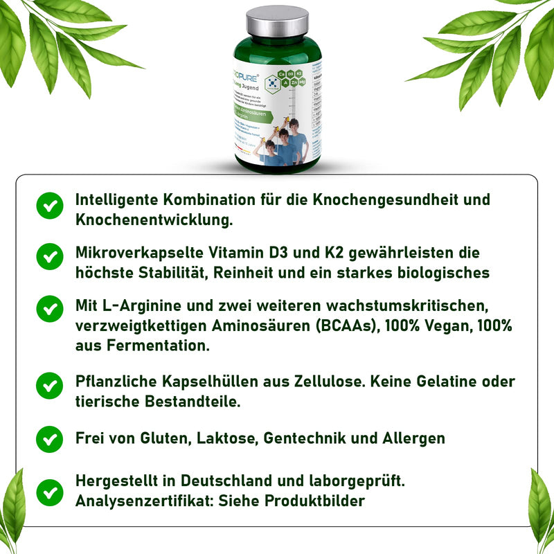 OsseoLong® Youth: Unique combination of L-arginine + branched-chain amino acids (BCAAs), calcium, vitamin D3, zinc and magnesium for bone development (capsule) - NewNest Australia