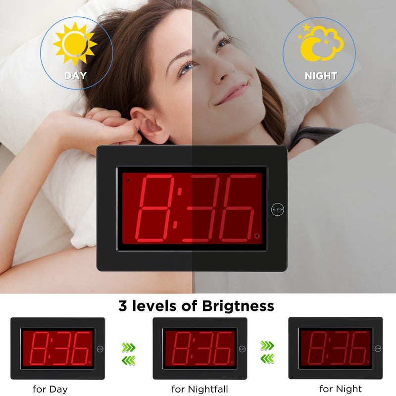 NewNest Australia - KWANWA Digital LED Wall Clock with 3'' Large Display Battery Operated/Powered Only - Black LED Display 3" 
