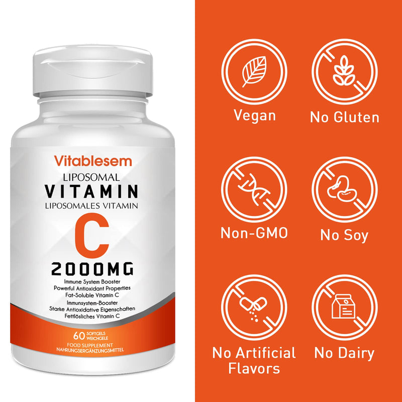 Liposomal Vitamin C Capsules 2000MG - High Strength Gluten Free & Vegan Ascorbic Acid - Immune Support Antioxidant Supplement - Non-GMO 60 Count (Pack of 1) - NewNest Australia