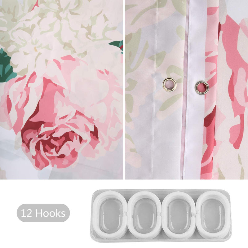 Stacy Fay Pink Floral Shower Curtain Striped Grey and White Bath Curtain Flower Decoration with Hooks 72 Inch Machine Washable - NewNest Australia