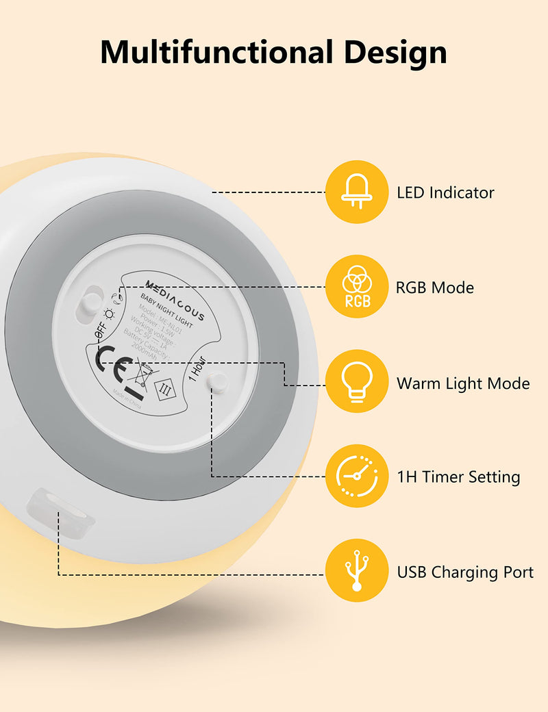 Night Lights for Kids Room, MediAcous Baby Night Light with 7 Colors Changing & Dimming Function, Rechargeable Kids Night Light with 1 Hour Timer & Touch Control, Up to 100H - NewNest Australia