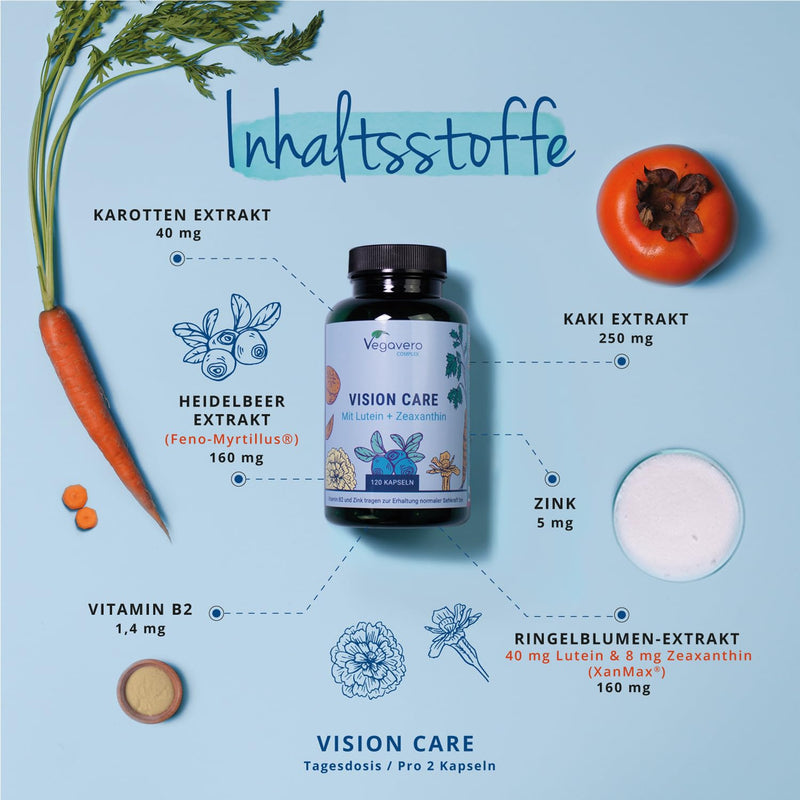 VISION CARE Vegavero® | Eye vitamins: Lutein & Zeaxanthin | VISION & EYES* | 120 capsules | with beta carotene, blueberry, vitamin B2 & zinc | Without additives | Vegan - NewNest Australia