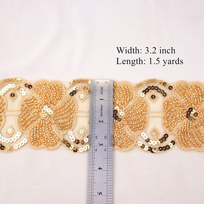 Beaded Lace Trim Gold Lace Ribbon Applique Sequin Lace Mesh Trim Floral Craft Sewing Supplies, Clothing Decorating Gold 1.5 yards - NewNest Australia