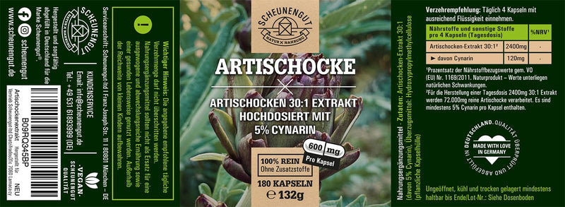 Artichoke Extract - 2400 Mg Daily Dose With 5% Cynarin - Important: 30:1 Extract (= 72000 Mg Artichoke Per Dose) I 180 Artichoke Capsules High Dosage I Laboratory Tested & Vegan I From De I Scheunengut - NewNest Australia