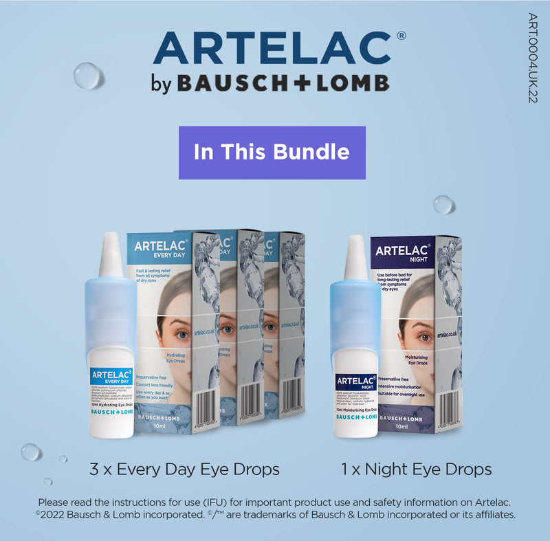 Artelac Eye Drops Multipack, Every Day x3 Night x1, Every Day Eye Drops for Dry Eyes Treatment, Preservative Free and Night Eye Drops, Symptom Relief for Tired and Tearing Eyes, Every Day x 3 + Night - NewNest Australia